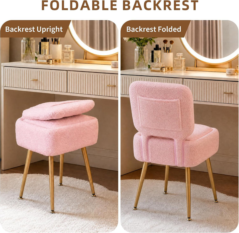 Vanity Chair with Stroage Sherpa Fleece Dressing Table