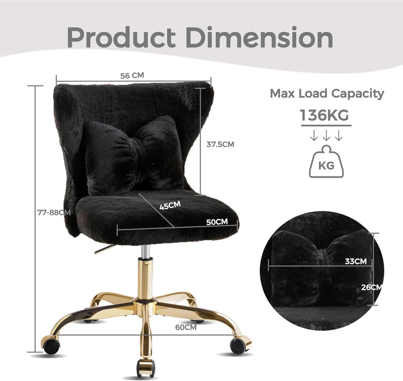 Vanity Chair with Wheels Bow Pillow Fluffy Desk