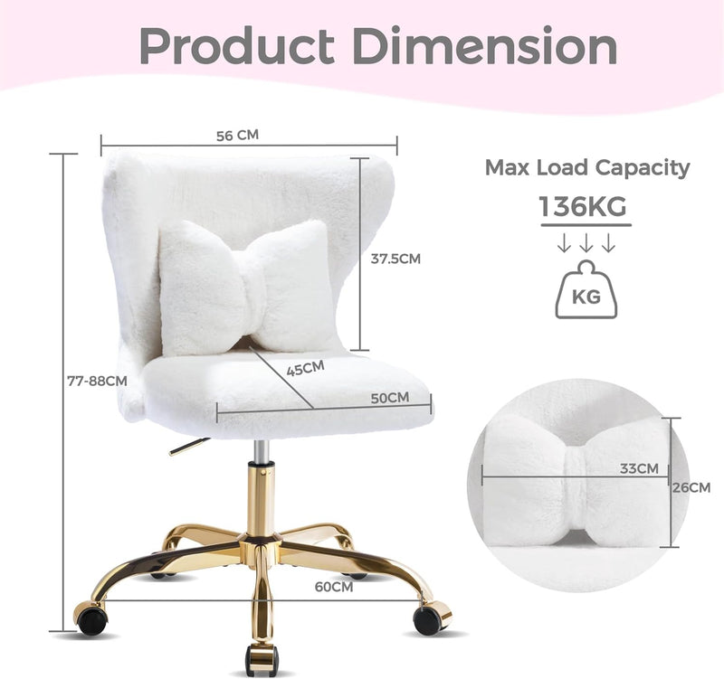Vanity Chair with Wheels Bow Pillow Fluffy Desk