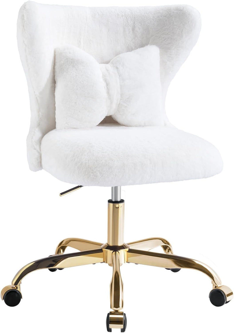 Vanity Chair with Wheels Bow Pillow Fluffy Desk