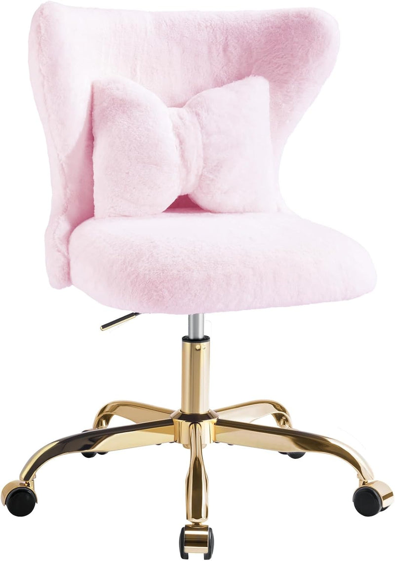 Vanity Chair with Wheels Bow Pillow Fluffy Desk