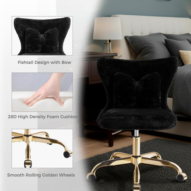 Vanity Chair with Wheels Bow Pillow Fluffy Desk