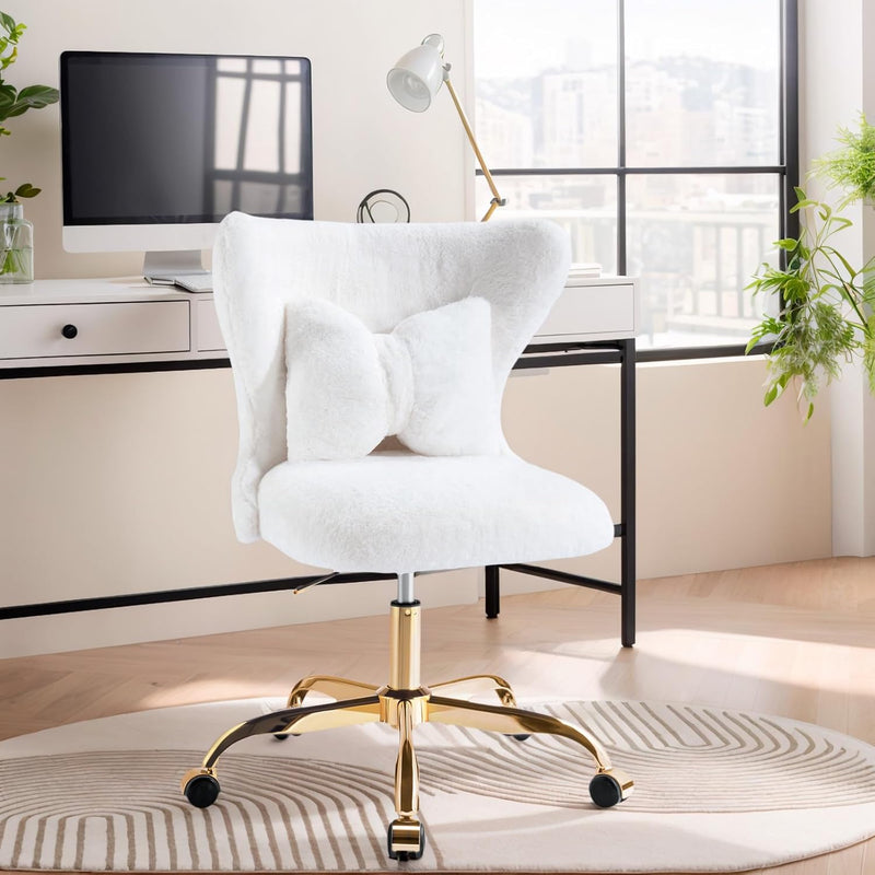 Vanity Chair with Wheels Bow Pillow Fluffy Desk
