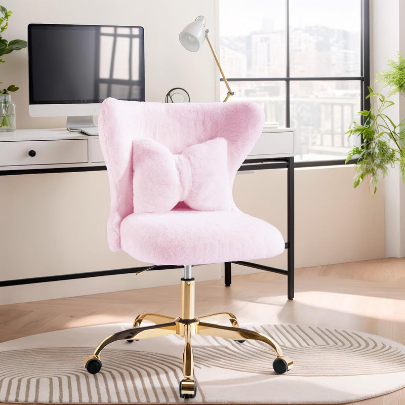 Vanity Chair with Wheels Bow Pillow Fluffy Desk