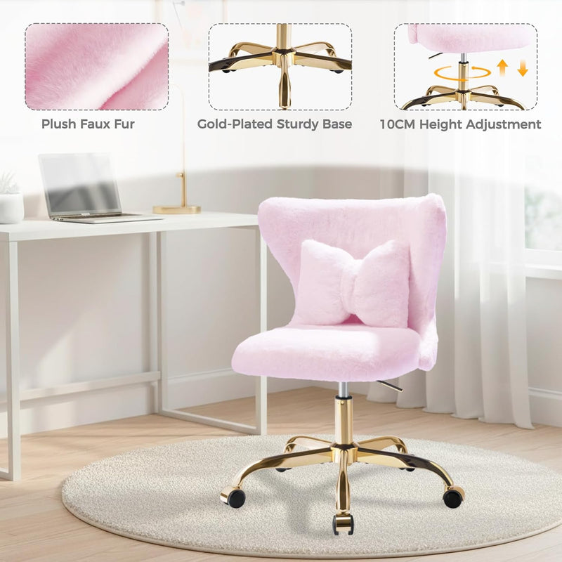 Vanity Chair with Wheels Bow Pillow Fluffy Desk