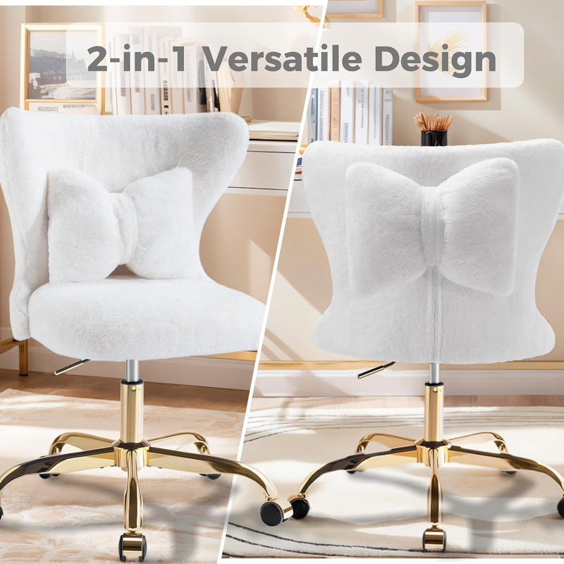 Vanity Chair with Wheels Bow Pillow Fluffy Desk