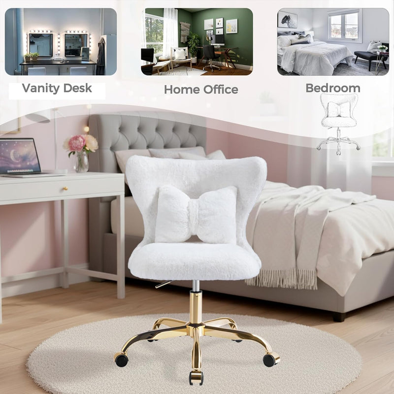 Vanity Chair with Wheels Bow Pillow Fluffy Desk