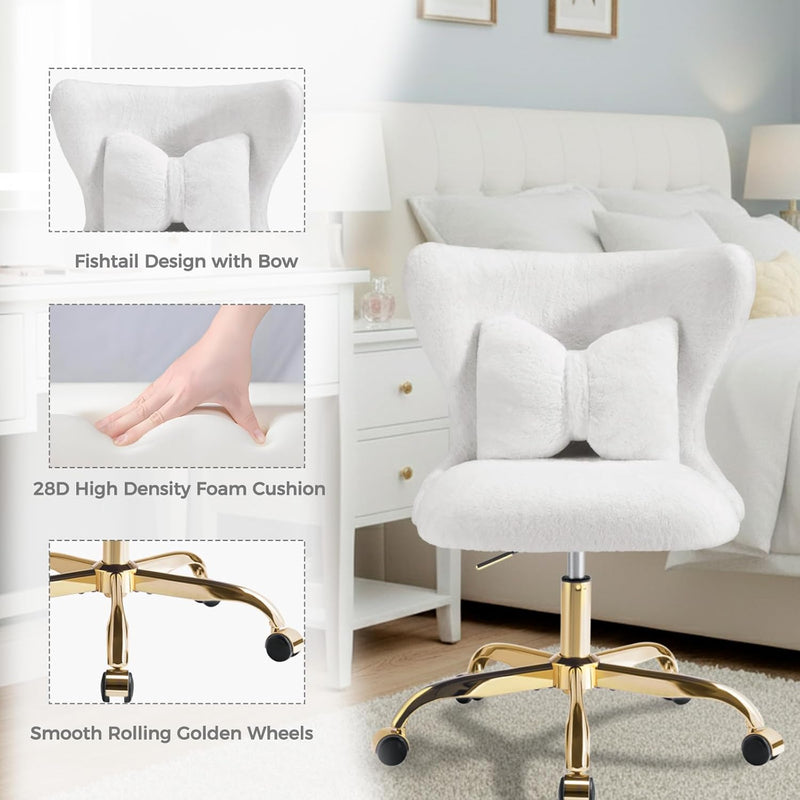 Vanity Chair with Wheels Bow Pillow Fluffy Desk