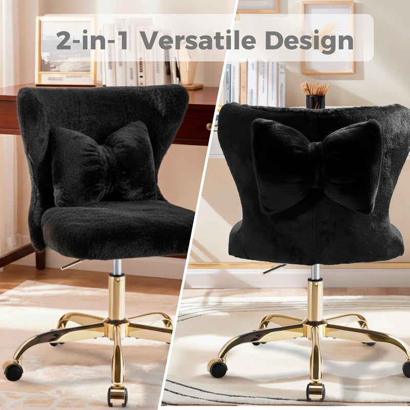 Vanity Chair with Wheels Bow Pillow Fluffy Desk