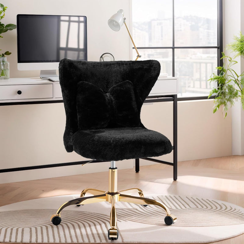 Vanity Chair with Wheels Bow Pillow Fluffy Desk