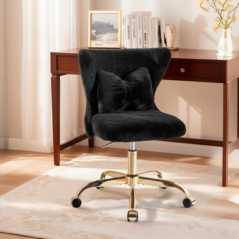 Vanity Chair with Wheels Bow Pillow Fluffy Desk