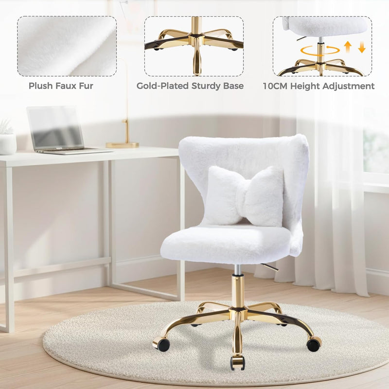 Vanity Chair with Wheels Bow Pillow Fluffy Desk