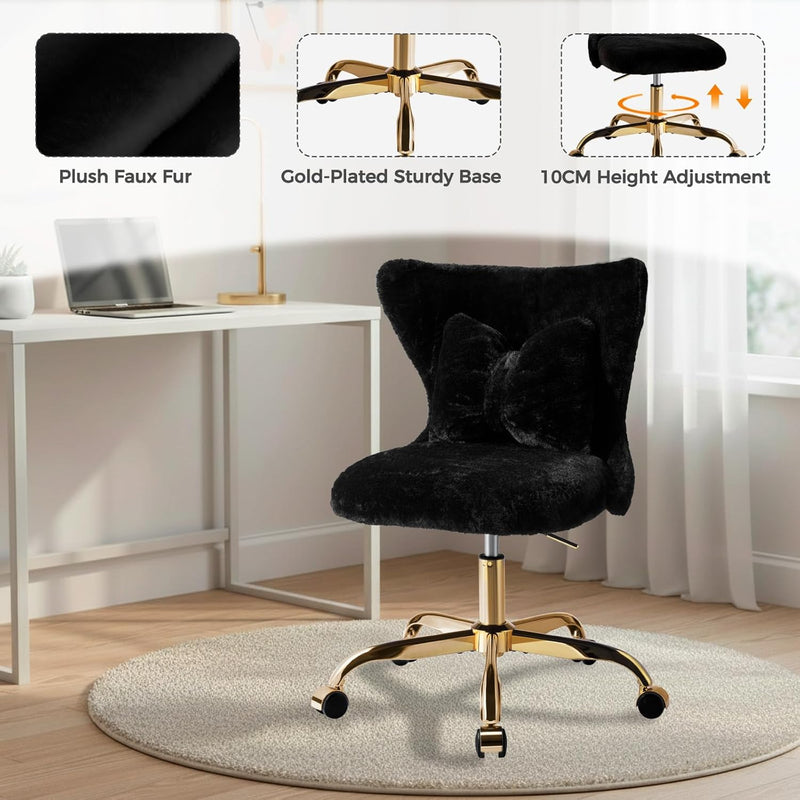 Vanity Chair with Wheels Bow Pillow Fluffy Desk
