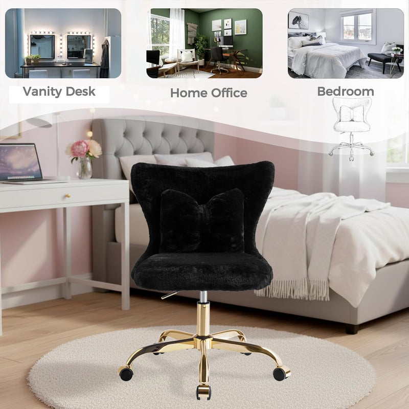Vanity Chair with Wheels Bow Pillow Fluffy Desk