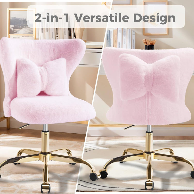 Vanity Chair with Wheels Bow Pillow Fluffy Desk