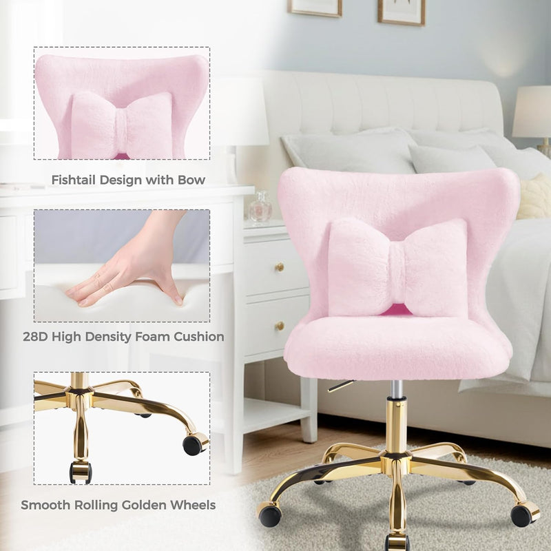 Vanity Chair with Wheels Bow Pillow Girl's Office