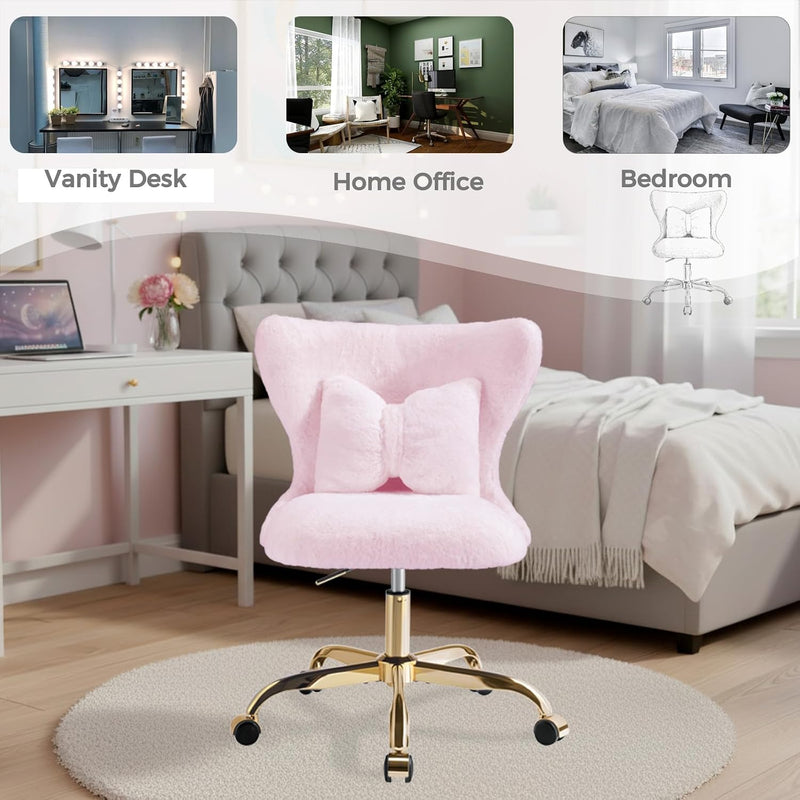 Vanity Chair with Wheels Bow Pillow Girl's Office