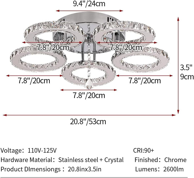 Modern LED Crystal Chandelier 5 Circle Rings Pendant