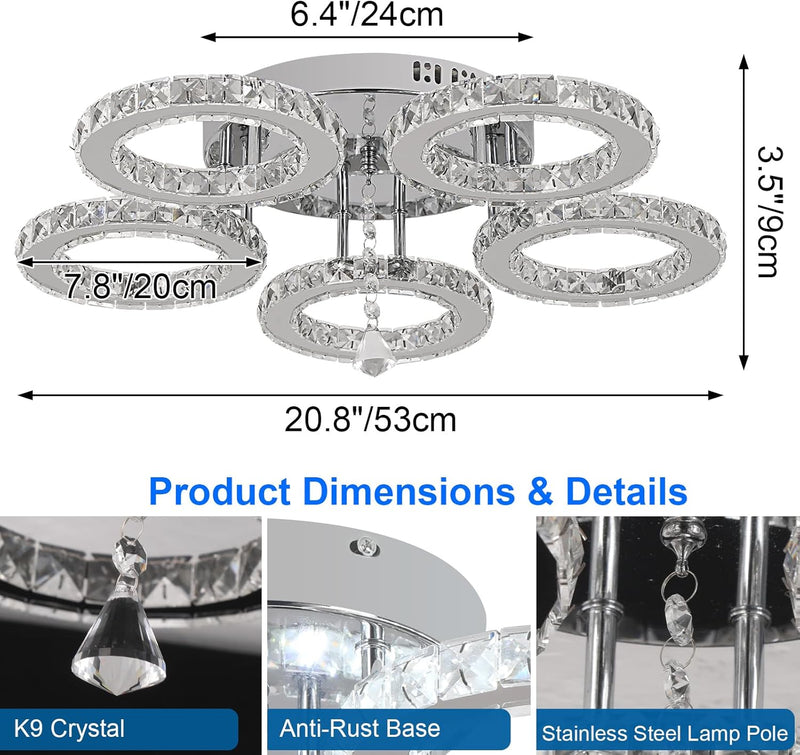 Modern LED Crystal Chandelier 5 Circle Rings Pendant