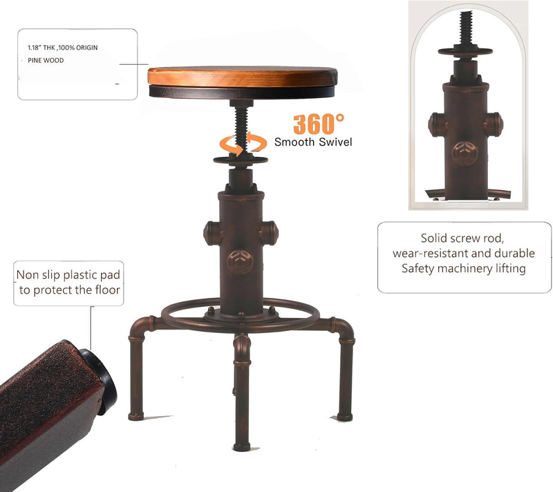 Vintage Industrial Barstool Solid Wood Water Pipe Fire (Set of 2)