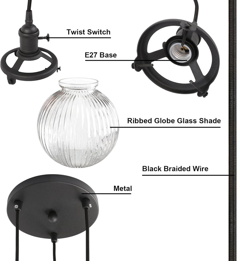 Vintage Ribbed Glass 3 Ceiling Pendant Light