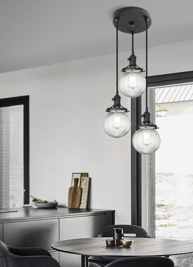 Vintage Ribbed Glass 3 Ceiling Pendant Light