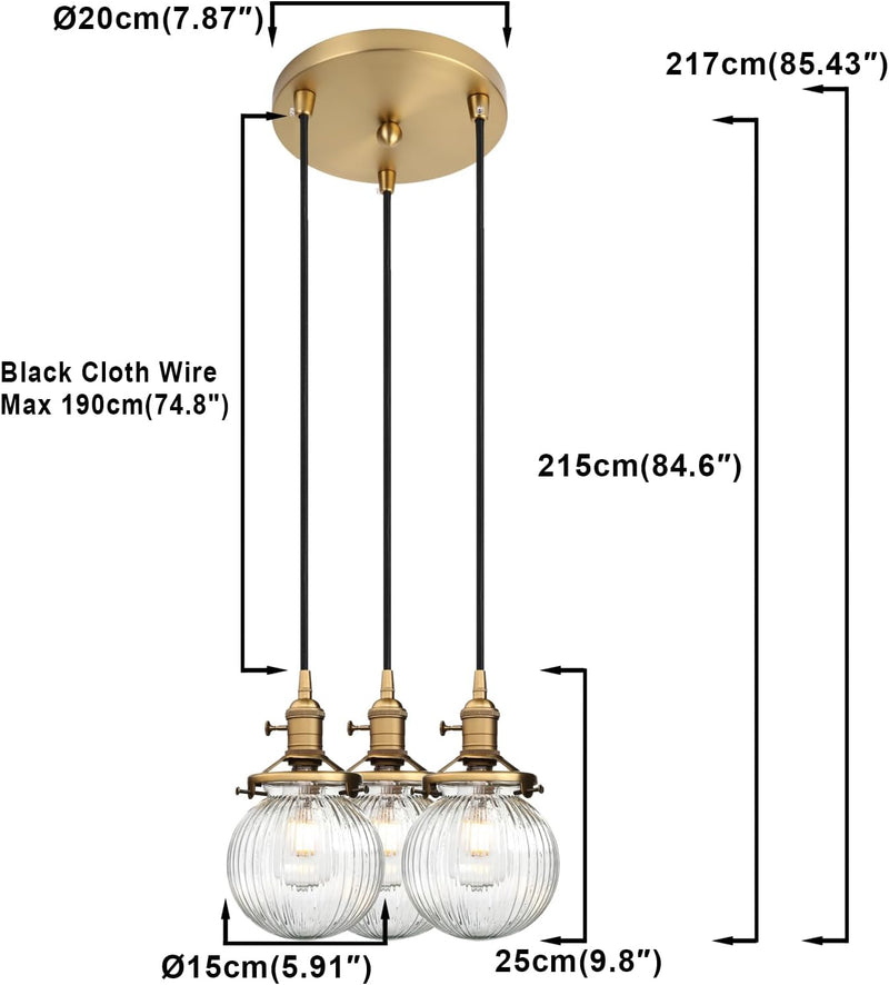 Vintage Ribbed Glass 3 Ceiling Pendant Light