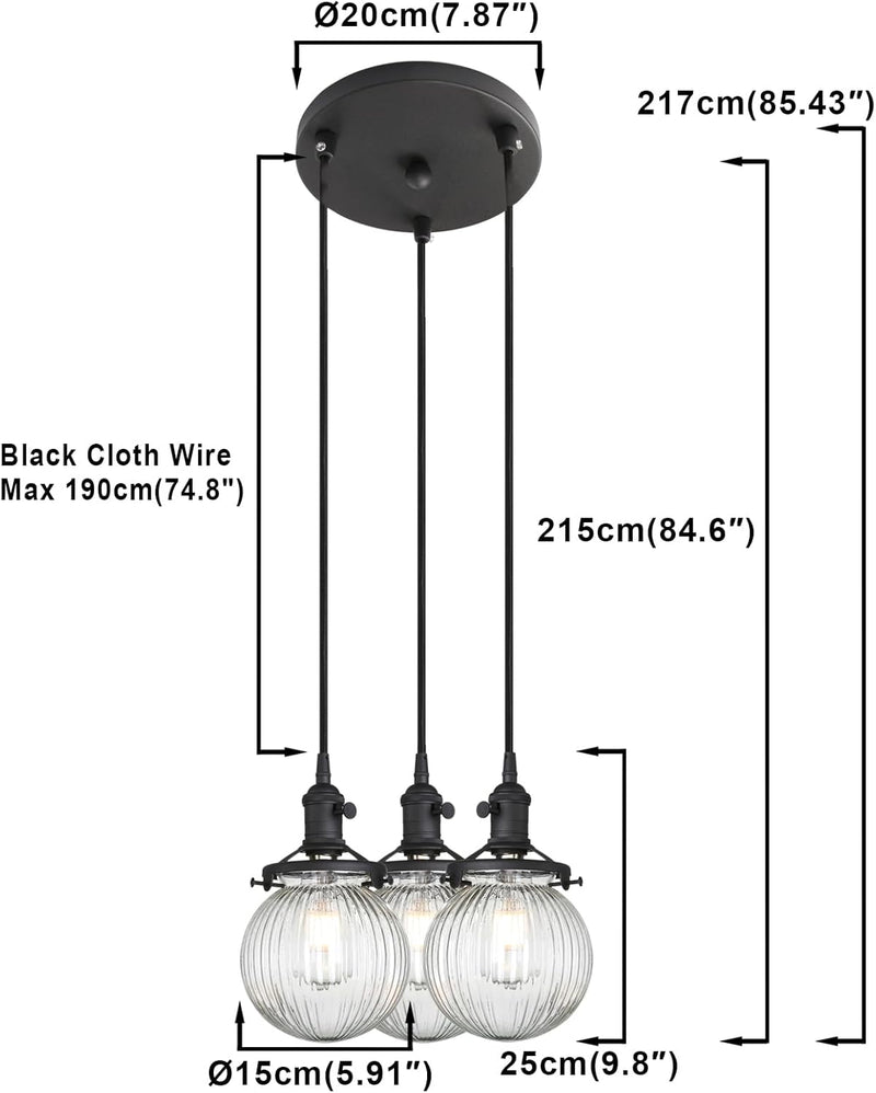 Vintage Ribbed Glass 3 Ceiling Pendant Light