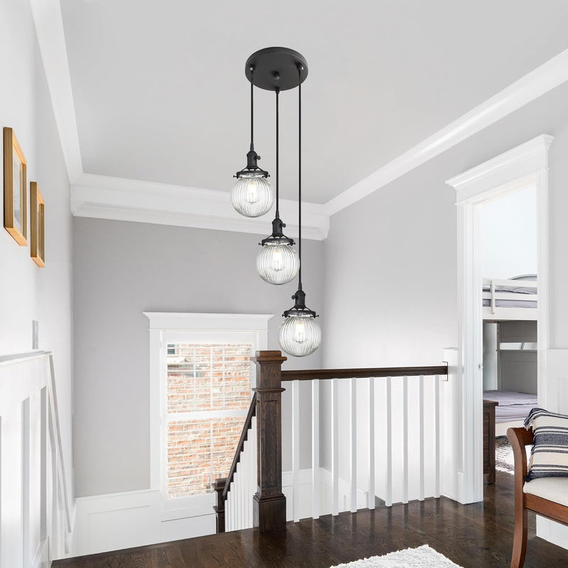 Vintage Ribbed Glass 3 Ceiling Pendant Light