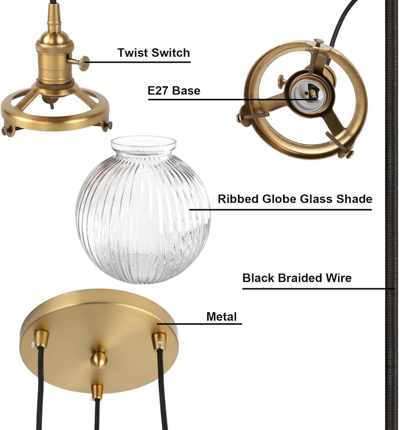Vintage Ribbed Glass 3 Ceiling Pendant Light