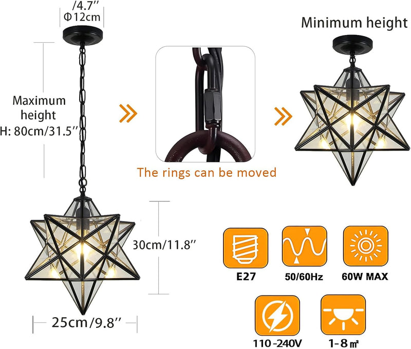 Vintage Star Pendant Metal Clear Glass Shade