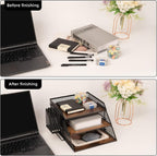 Vintage Wood Metal Letter Tray Desk Organizers Paper (Set of 2)