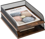 Vintage Wood Metal Letter Tray Desk Organizers Paper (Set of 2)