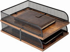 Vintage Wood Metal Letter Tray Desk Organizers Paper (Set of 2)