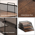 Vintage Wood Metal Letter Tray Desk Organizers Paper (Set of 2)