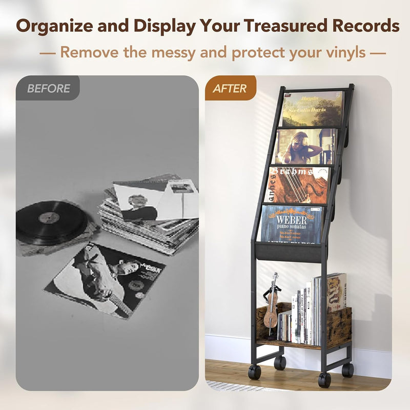 4-Tier Vinyl Record Storage Cabinet with Display Shelf