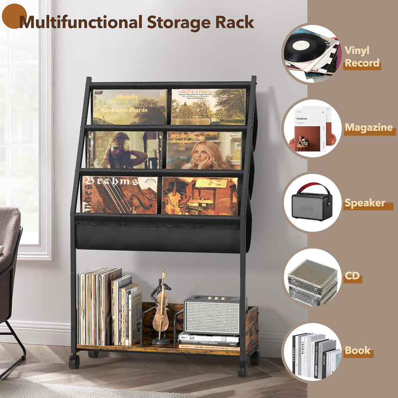 4-Tier Vinyl Record Storage Cabinet with Display Shelf