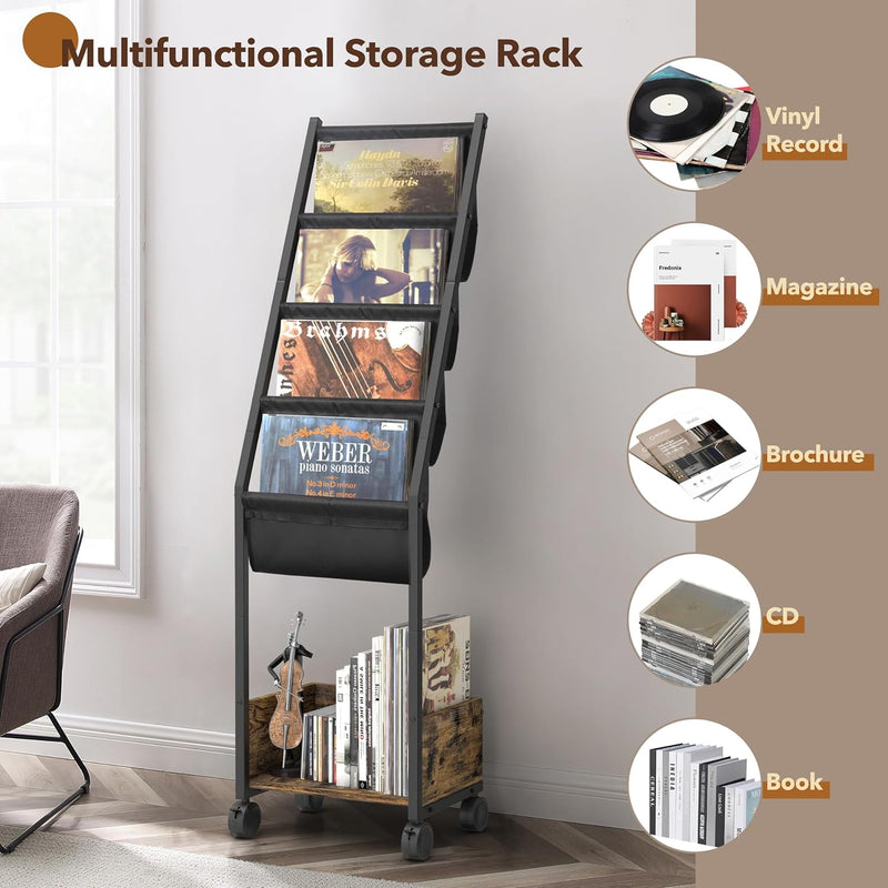 4-Tier Vinyl Record Storage Cabinet with Display Shelf