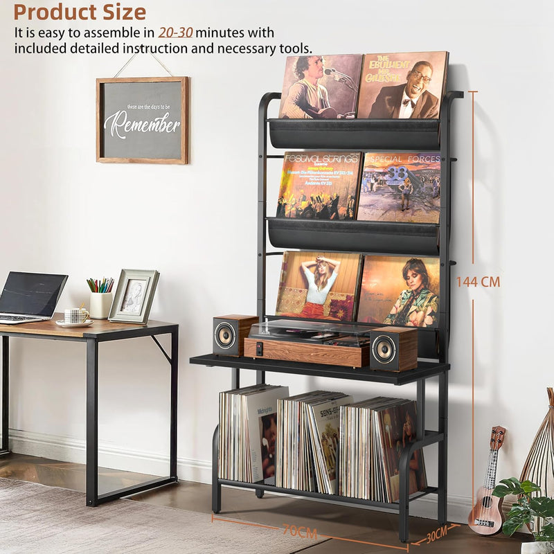 Record Player Stand with Vinyl Storage for 200
