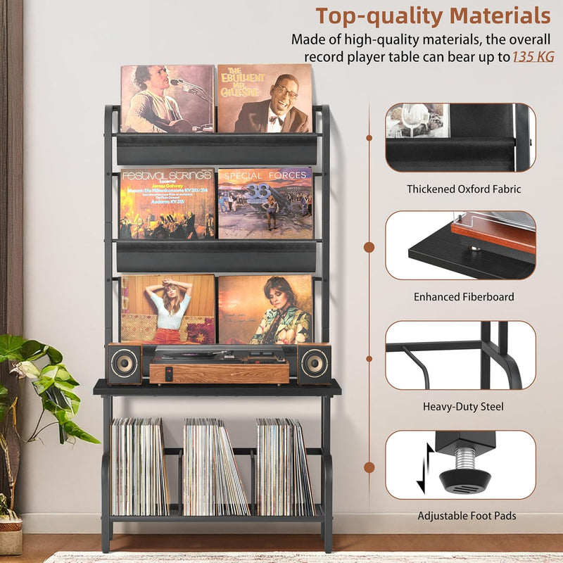 Record Player Stand with Vinyl Storage for 200