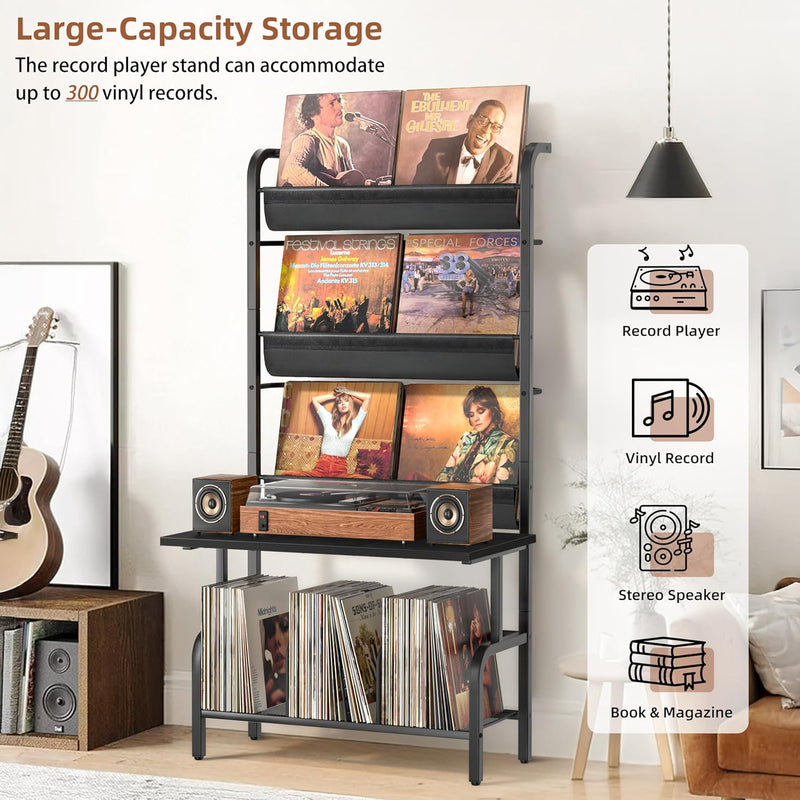 Record Player Stand with Vinyl Storage for 200