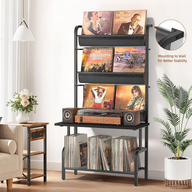 Record Player Stand with Vinyl Storage for 200