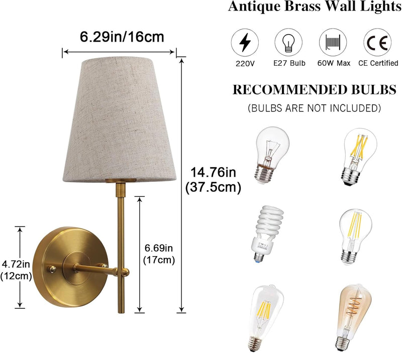Wall Lights Antique Brass with Glass Shade (2 Pack)