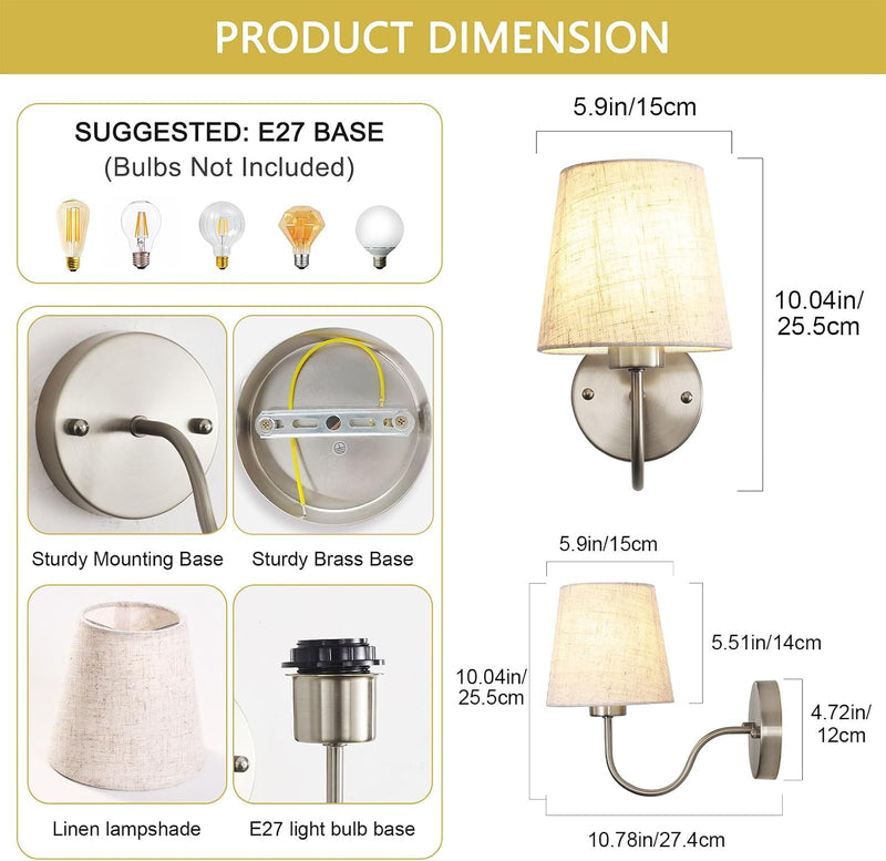 Wall Lights Fabric Shade Hardwired Installation Dimmable (Set of 2)