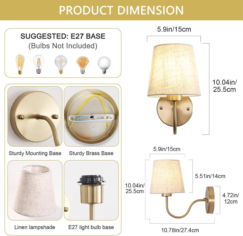 Wall Lights Fabric Shade Hardwired Installation Dimmable (Set of 2)