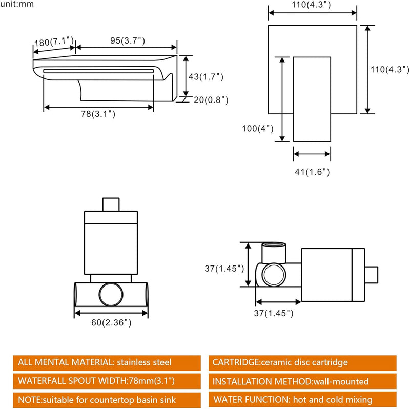 Matte Bath Taps Wall Mounted Waterfall Mixer Tap