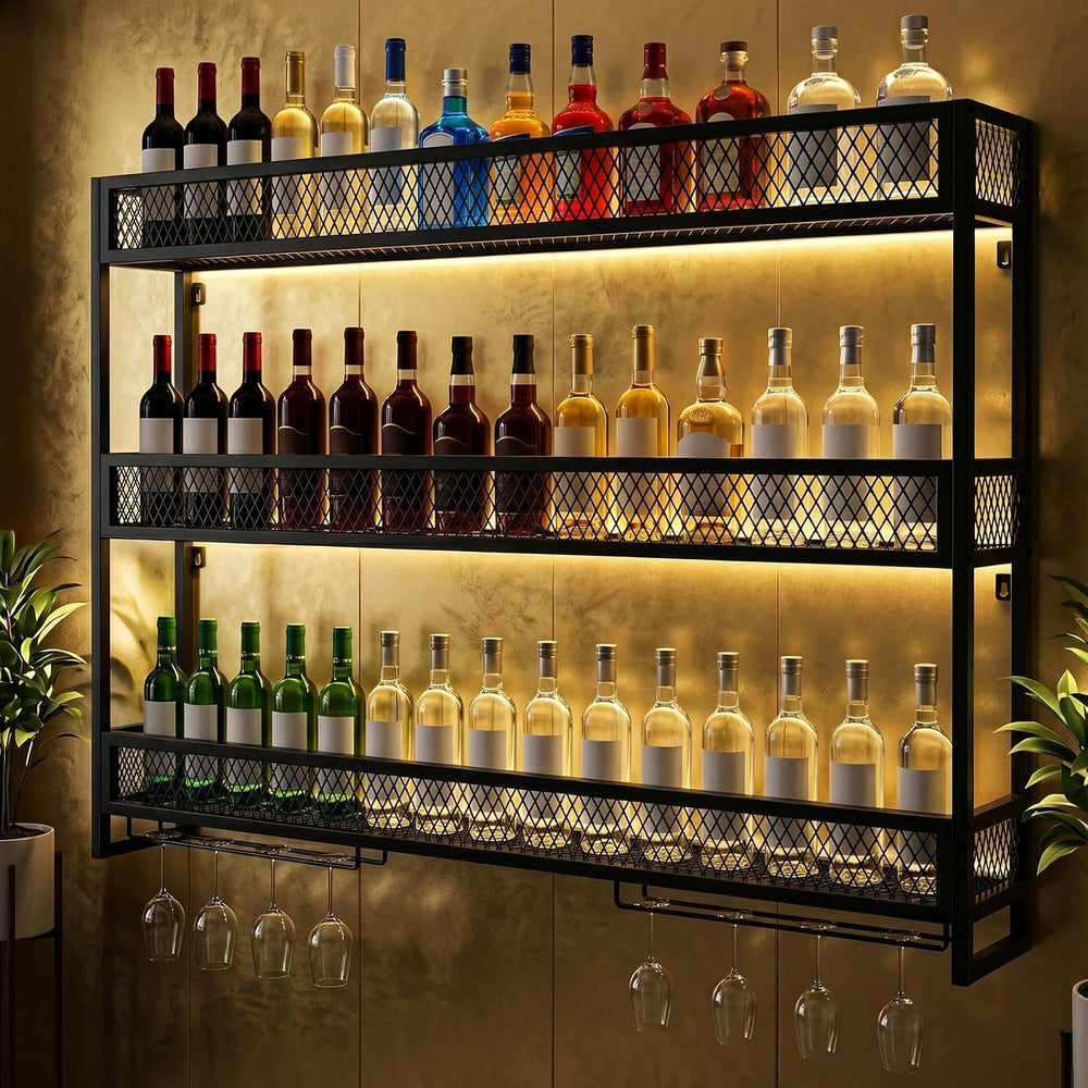 Wall Mounted Wine Rack 3-Tier Metal Shelf Bottle
