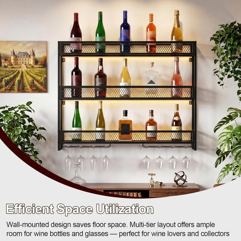 Wall Mounted Wine Rack 3-Tier Metal Shelf Bottle