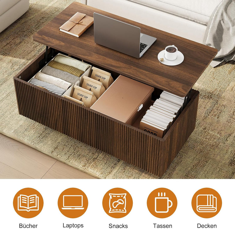Walnut Lift Top Fluted Coffee Table with Hidden