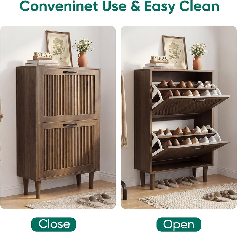 Walnut Shoe Cabinet with 2 Flip Drawers 23.6